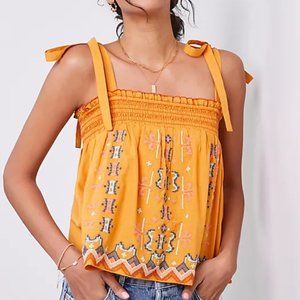 Anthropologie Cute n Casual Boho Loose Tie Tank with Embroidered Pattern. sz L